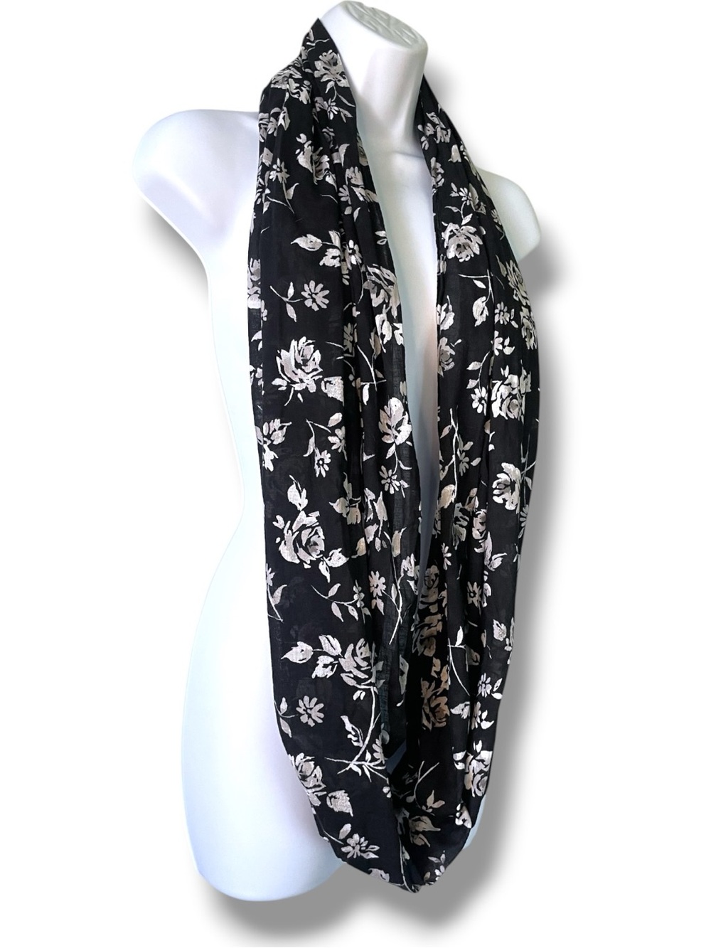 Floral Infinity Scarf 100% Cotton Lightweight Dark Academia Boho Black White - Picture 5 of 6